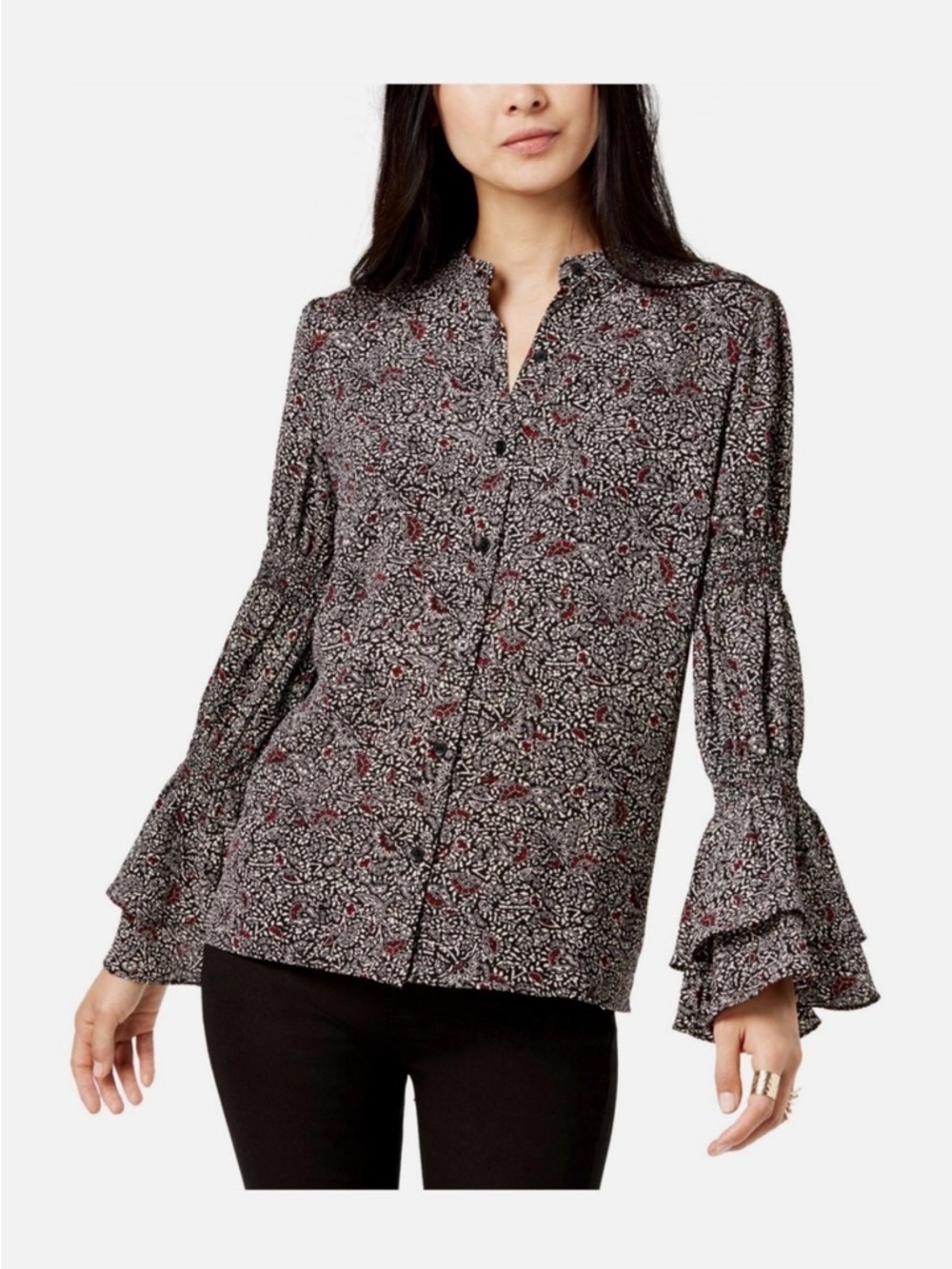 Michael Kors Womens Boho Ruffle
Sleeve Button Up Shirt, Multicoloured, medium